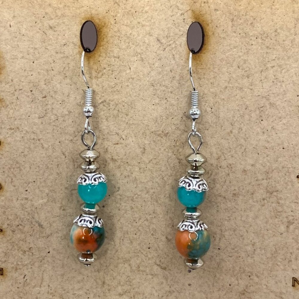 Sea Sediment Jasper w/Orange & Blue Rain Flower Jasper Handmade Earrings LR113